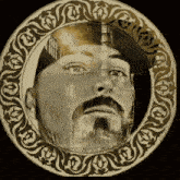 a drawing of a man 's face in a circle with a floral design around it