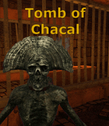 a skeleton in a cage with the words tomb of chacal above it