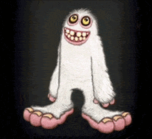 a cartoon drawing of a white furry monster with big eyes and pink feet