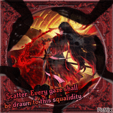 a picture of a woman with a sword and a quote that says scatter every gaze shall be drawn to this squalidity