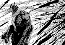 a black and white drawing of a monster with a snake around his neck