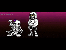two skeletons are standing next to each other on a red background in a video game .