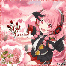 a picture of a girl with headphones and the words " good morning "
