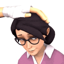 a cartoon character with glasses is being touched by another hand