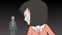 a man in a suit and tie stands next to a girl with an angry look on her face