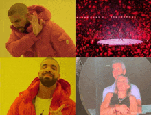 a man in a red jacket is shown next to a picture of a woman and a man
