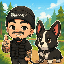 a cartoon of a man wearing a beanie that says blazzard standing next to a dog