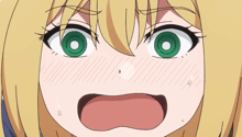 a close up of a cartoon character 's face with green eyes