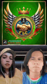 a man and a woman are posing for a picture in front of a logo for forsa legend community