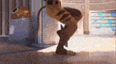 a cartoon character with a tiger 's tail is standing on a basketball court .