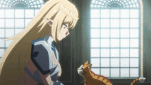 a blonde anime character looks at a cat