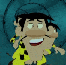 a cartoon character with a mustache and a yellow jacket is smiling .