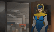 a woman in a superhero costume is standing in front of a door that says room