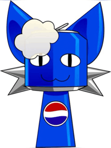 a blue cat with a pepsi logo on it 's head