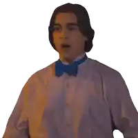 a man wearing a white shirt and a blue bow tie is surprised