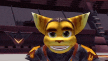 a yellow cartoon character with green eyes is smiling