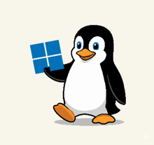 a cartoon penguin is holding a blue box with the letter h on it