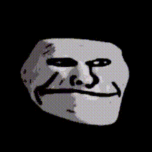 a black and white image of a troll face with a smiley face on a black background .