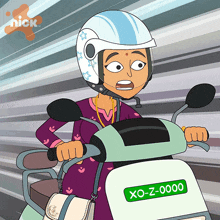 a cartoon of a woman riding a scooter with a license plate that says xo-z-0000