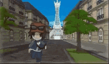 a cartoon character is walking down a street with buildings in the background