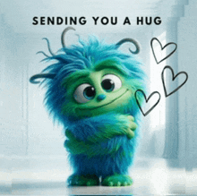 a picture of a monster hugging with the words " sending you a hug " above it