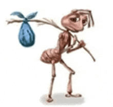 a cartoon ant is carrying a bag on its back and a stick .