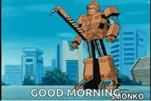 a robot is standing in front of a city and holding a crane .