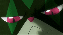 a close up of a cartoon character with green eyes