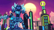a pixel art drawing of a robot holding a sword in front of a city