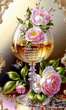 a painting of flowers and a glass of wine that says noapte bunal