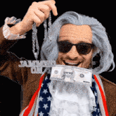 a man wearing a wig and sunglasses holds a 100 dollar bill