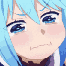 a close up of a blue haired anime girl with tears running down her face .