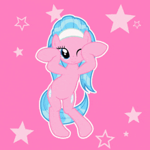 a pink pony with blue hair is standing on a pink background with stars