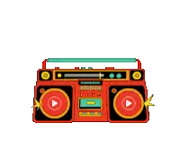 a colorful cartoon illustration of a boombox with two lightning bolts coming out of it .