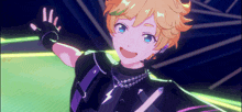 a boy with yellow hair and blue eyes is wearing a black and purple outfit