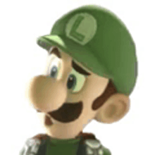 a close up of a cartoon character wearing a green hat with a letter l on it .