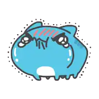 a cartoon drawing of a blue cat with a red stripe on its face
