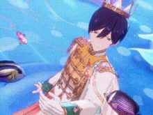 a man with a crown on his head is standing in the water .