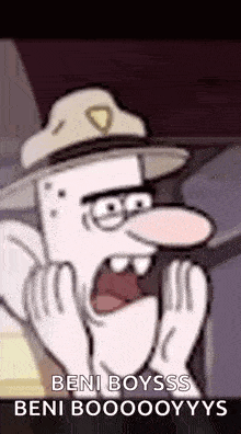 a cartoon character wearing a hat and glasses is screaming .