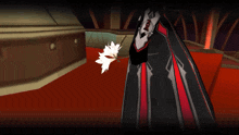 a video game character is holding a white flower and has the word now on his back