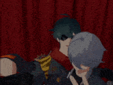 two anime characters standing next to each other one pointing