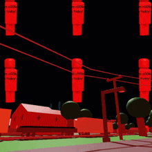 a bunch of red roblox characters are hanging from power lines and saying team coolkidd join today