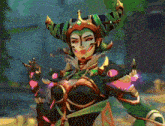 a woman in a clown costume is standing in a video game and holding a pink object .