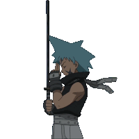 a cartoon character is holding a black sword