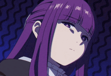 a girl with purple hair has a very serious look on her face
