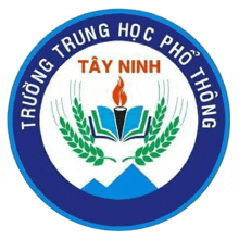 the logo for trường trung học phổ thông tay ninh has a torch and a book in it .