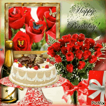 a birthday card with a cake and red roses and the words happy birthday