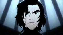 a close up of a cartoon character 's face with black hair