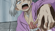 a cartoon character with white hair and a purple robe is holding something in his hand