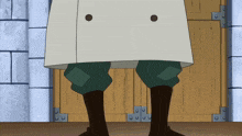 a cartoon character with a white coat and green pants
